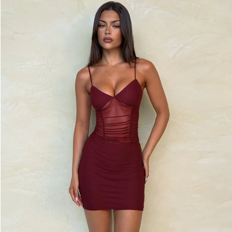 Mesh Hollow Out Backless Sexy Mini Dress Women Fashion Spaghetti Strap Sleeveless See Through Skinny Beach Party Dress