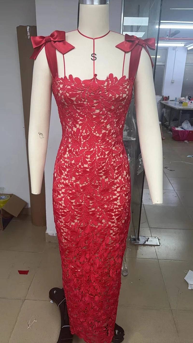 Bows Lace Sexy Maxi Dress For Women Fashion Sleeveless Backless Bodycon New Year's Birthday Club Party Long Dress