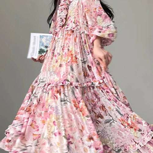 Load image into Gallery viewer, Colorblack Floral Printing Elegant Dresses For Women V Neck Lantern Sleeve High Waist Loose Romantic Long Dress Female New
