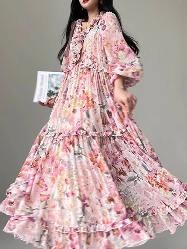 Colorblack Floral Printing Elegant Dresses For Women V Neck Lantern Sleeve High Waist Loose Romantic Long Dress Female New