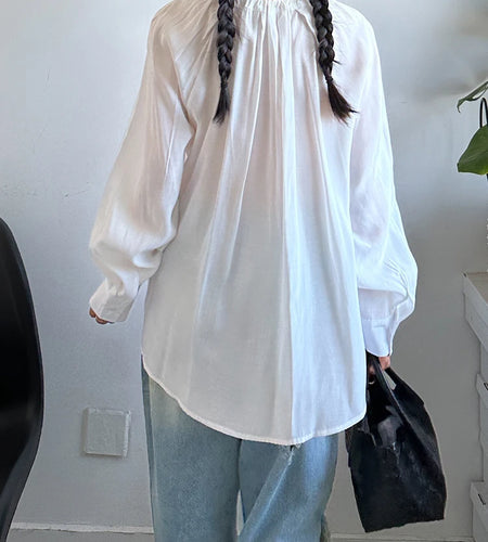 Women White Drawstring Thin Big Size Blouse New Round Neck Long Sleeve Shirt Fashion Tide Spring Autumn 2025 1DJ1398