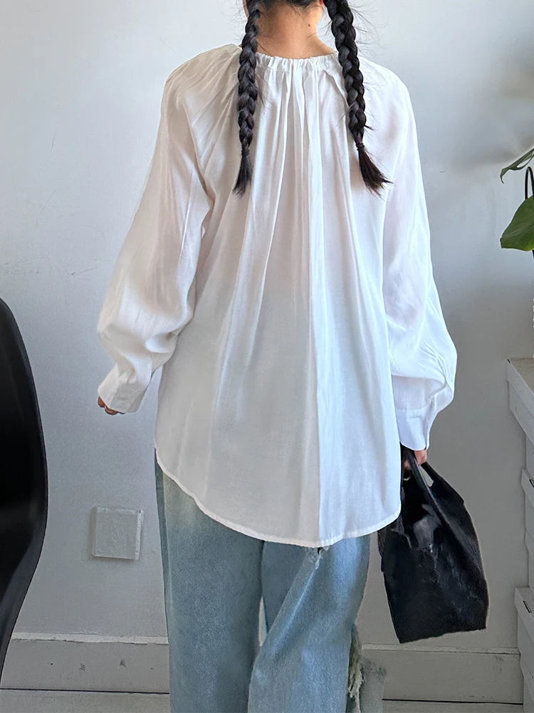 Women White Drawstring Thin Big Size Blouse New Round Neck Long Sleeve Shirt Fashion Tide Spring Autumn 2025 1DJ1398