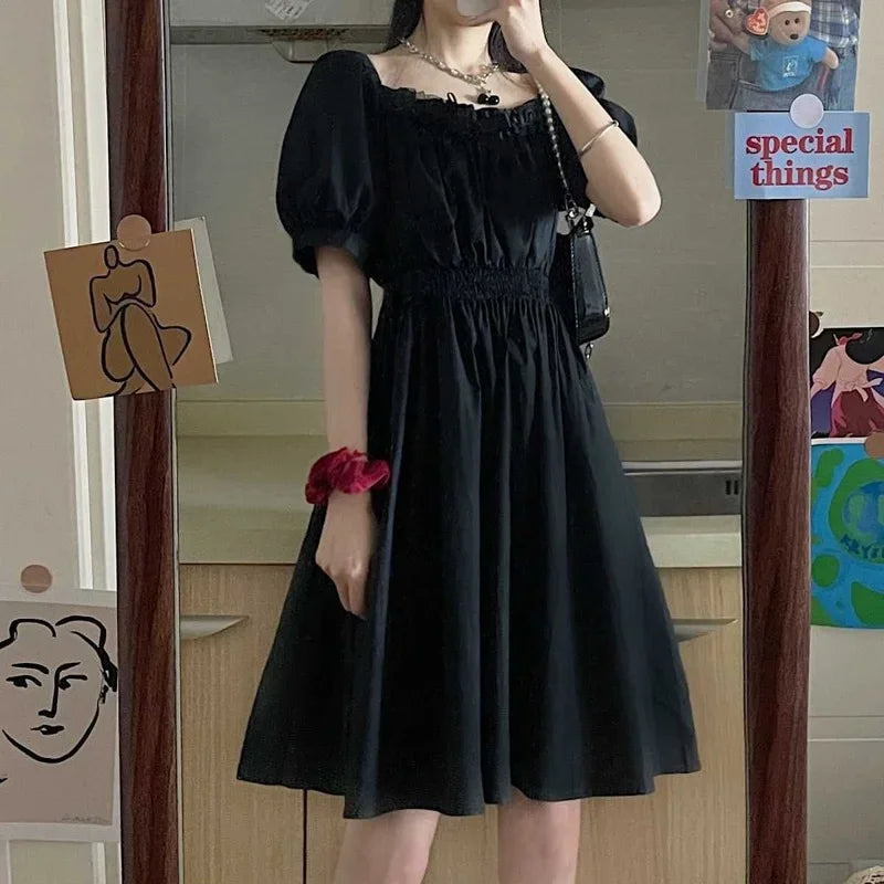 Balck Puff Sleeve Women Dresses Gothic Wrap Kawaii Cute Dress Goth Casual Sundress Dark Academia Clothes