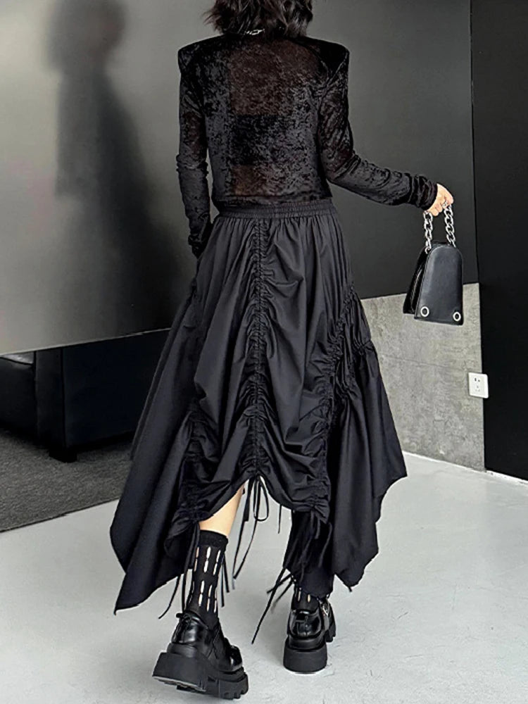 High Elastic Waist Black Irregular Hem Drawstring Half-body Skirt Women Fashion Tide New Spring Autumn 2025  1DJ0643