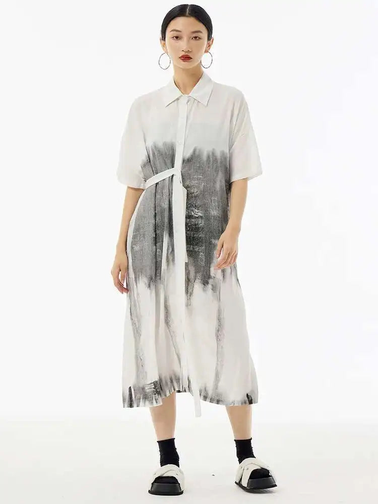 Women Green Pattern Printed Belted Big Size Shirt Dress New Lapel Short Sleeve Fashion Tide Spring Summer 2025  1DH5759