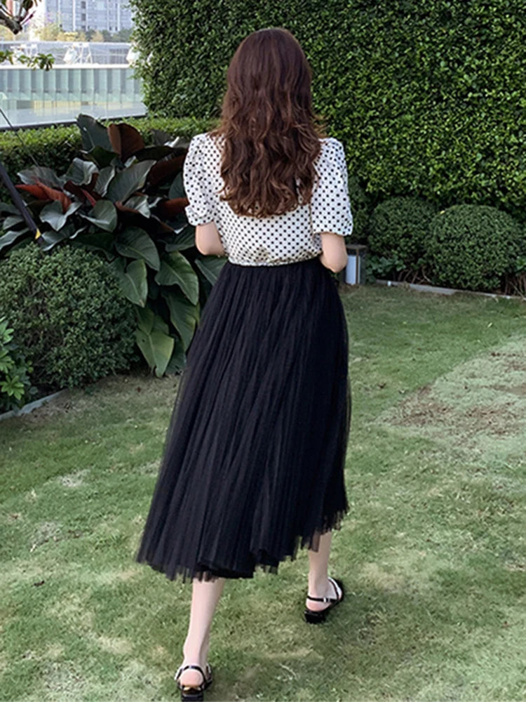 Black Fashion Mesh Skirt For Women High Waist A Line Solid Minimalist Midi Skirts Female Summer Clothing Style