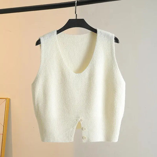 Load image into Gallery viewer, Women Solid V Neck New Holiday Loose Sleeveless Short Sweater Vest Autumn Winter Casual Versatile Split Knit Tank Tops Fashion
