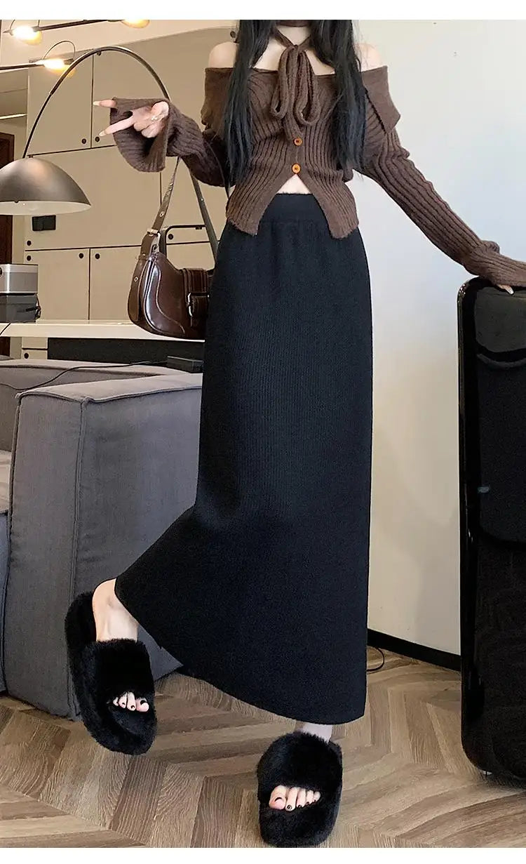 Korean Fashion Solid Velvet Elegant High Waist Festival Long Skirt Autumn Winter Women Slim Straight Knitted Half Skirt 2024 New