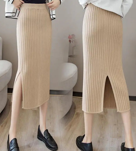 Women Solid Striped Pencil Midi Knitted Skirt High Waist Ladies Autumn Winter Warm Straight Elastic Waist Wrap Hip Split Skirts