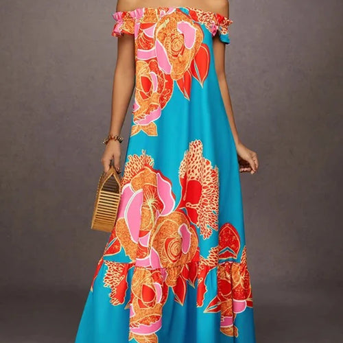 Load image into Gallery viewer, Women Vintage Print Dress 2025 Summer Vacations Split-joint Sexy Off-the-shoulder Maxi Dresses for Woman with Pockets
