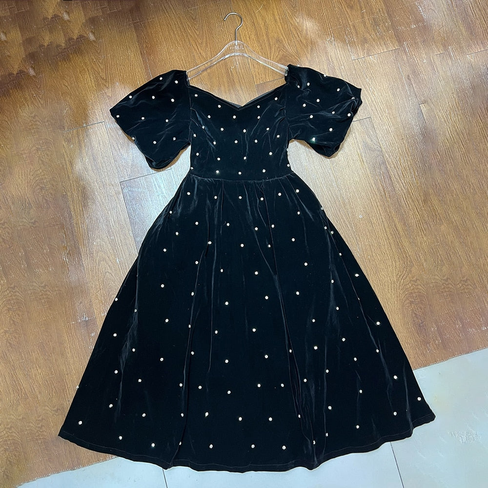 Patchwork Diamonds Elegant Dresses For Women Square Collar Puff Sleeve High Waist Spliced Folds Dress Female