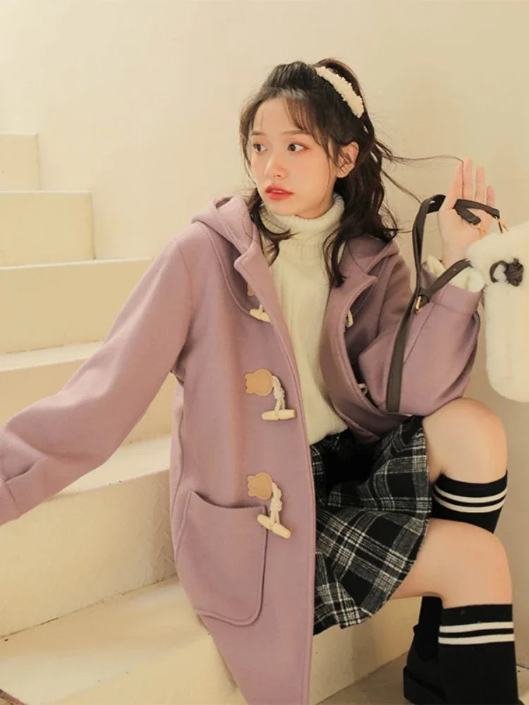 Purple Solid Warm Wool Blends Long Hooded Coat Straight Women Horn Button  Casual Female Warmness Outwear