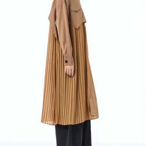 Load image into Gallery viewer, Women Army Green Pleated Spliced Big Size Midi Shirt Dress New Lapel Long Sleeve Fashion Tide Spring Autumn 2025 1DH6927

