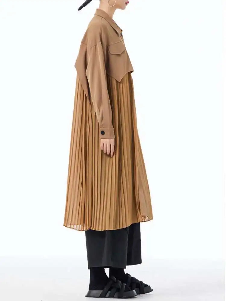 Women Army Green Pleated Spliced Big Size Midi Shirt Dress New Lapel Long Sleeve Fashion Tide Spring Autumn 2025 1DH6927