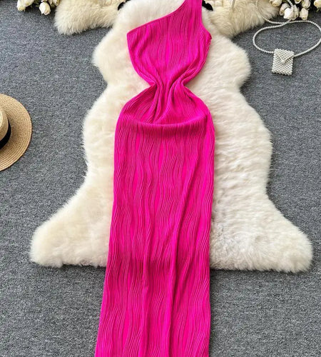 Summer Rose Red Sexy Sleeveless Backless Long Dress 2024 Women's Diagonal Collar Elegant Club Party Dress Simplicity Fashion New