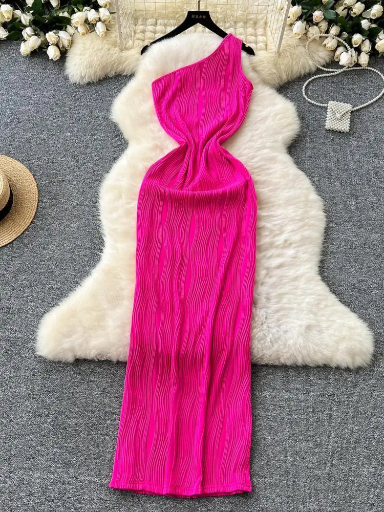 Summer Rose Red Sexy Sleeveless Backless Long Dress 2024 Women's Diagonal Collar Elegant Club Party Dress Simplicity Fashion New