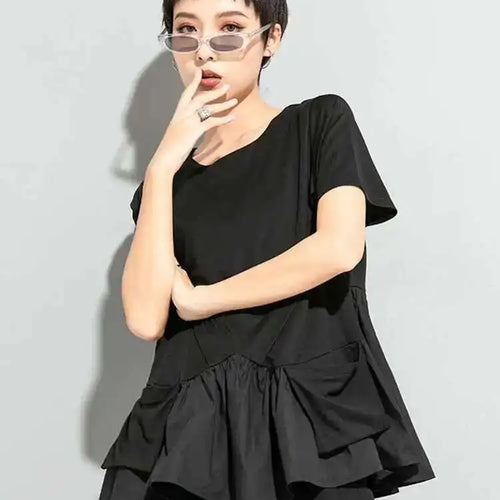 Load image into Gallery viewer, Women Black Hem Ruffles Big Size Casual T-shirt New Round Neck Short Sleeve Fashion Tide Spring Summer 2025 1DE9329
