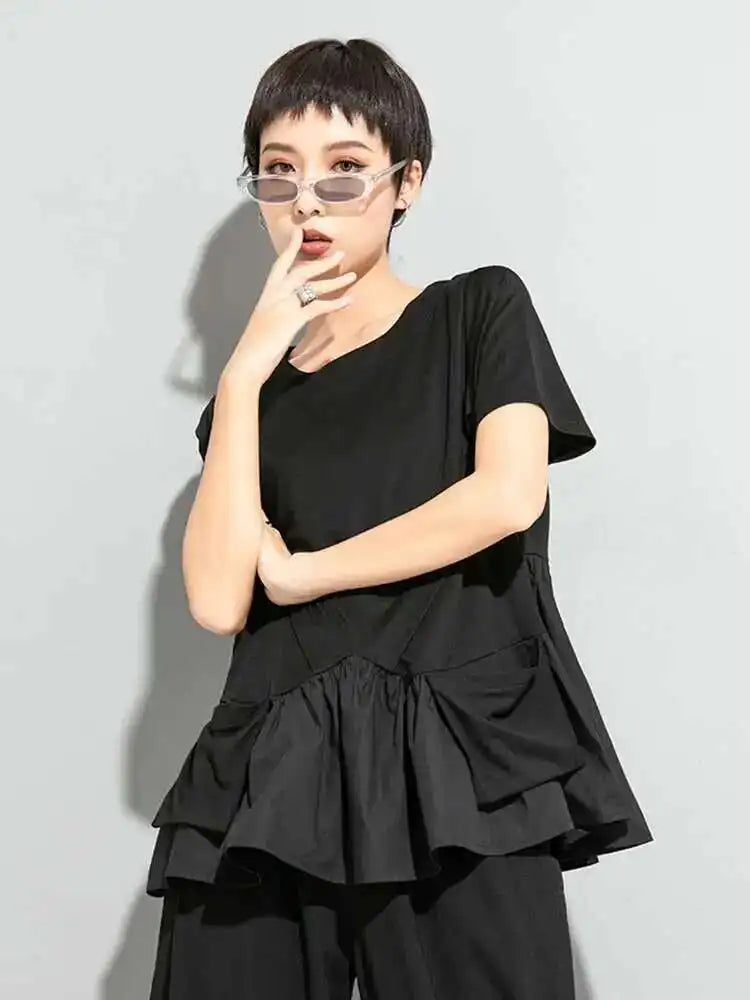 Women Black Hem Ruffles Big Size Casual T-shirt New Round Neck Short Sleeve Fashion Tide Spring Summer 2025 1DE9329