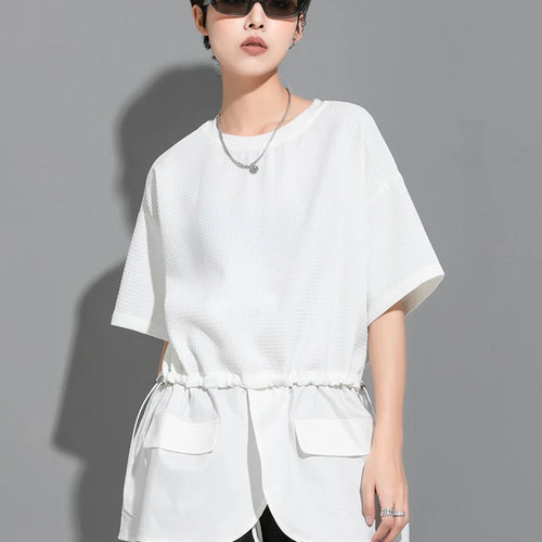 Load image into Gallery viewer, Women White Drawstring Splice Big Size Casual T-shirt New Round Neck Short Sleeve Fashion Tide Spring Summer 2025  1DJ1799
