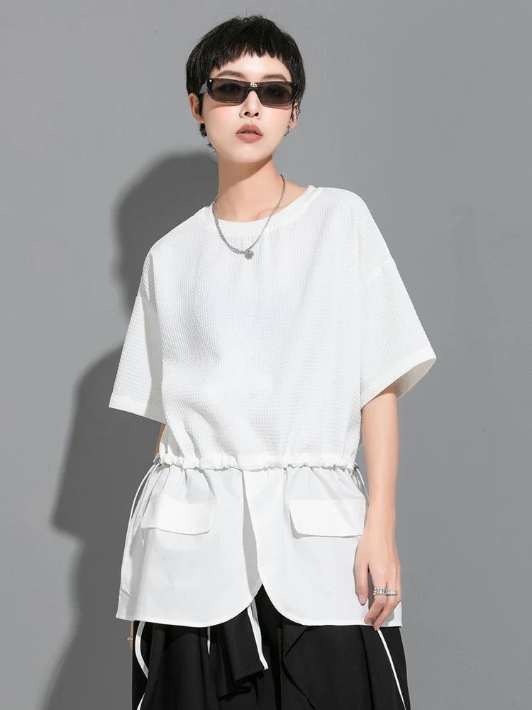 Women White Drawstring Splice Big Size Casual T-shirt New Round Neck Short Sleeve Fashion Tide Spring Summer 2025  1DJ1799