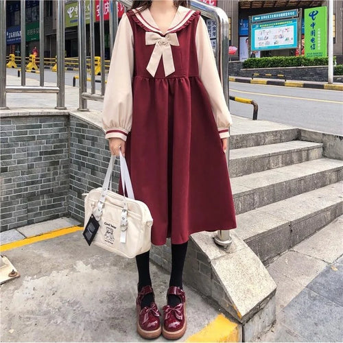 Load image into Gallery viewer, Japanese Sweet Style Kawaii Lolita Dress 2021 Autumn Soft Sailor Collar Ruffle Long Sleeve Dresses College Student Women
