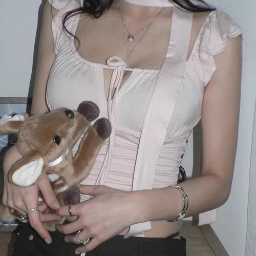 Load image into Gallery viewer, Sexy Square Collar Bandage Tees Summer Women Y2k Aesthetic Feifei Sleeves Slim Fit T-shirt Harajuku Grunge Fairy Cropped Tops
