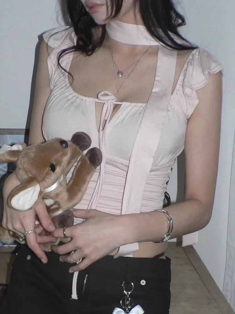 Sexy Square Collar Bandage Tees Summer Women Y2k Aesthetic Feifei Sleeves Slim Fit T-shirt Harajuku Grunge Fairy Cropped Tops