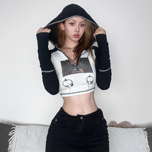 Load image into Gallery viewer, Korean Skinny Printed Stitch Long Sleeve Tee Baby Y2K Autumn Crop Tops Buttons Female T-shirts Hooded Casual Clothing
