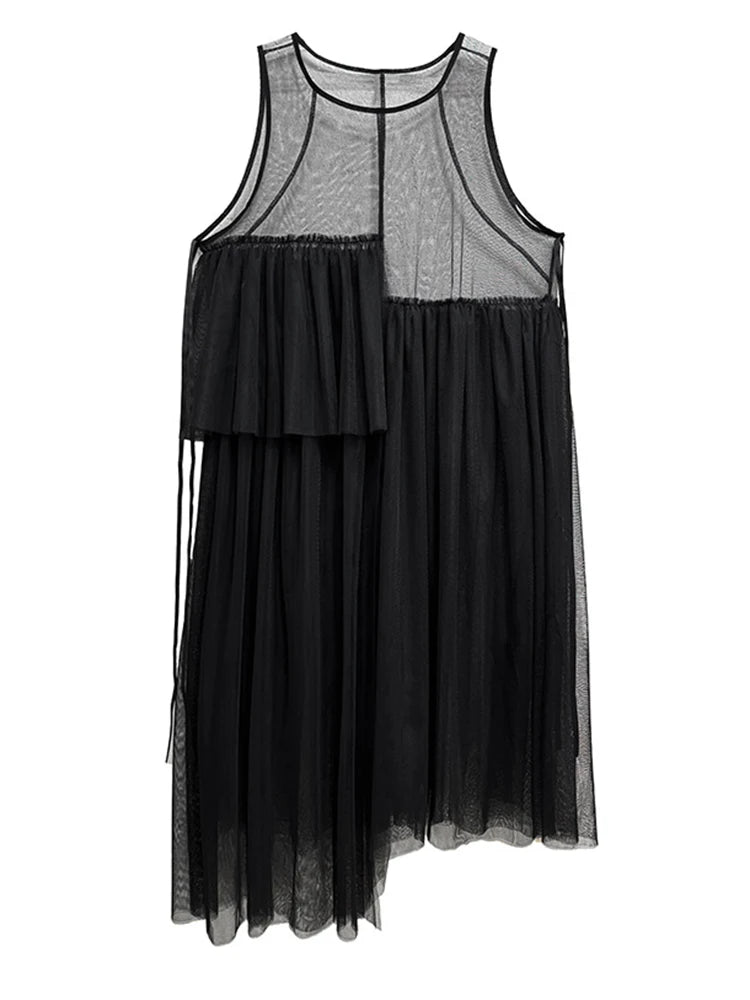 Women Black Khaki Mesh Perspctive Big Size Long Dress New Round Neck Sleeveless Fashion Tide Spring Autumn 2025  1DJ1064