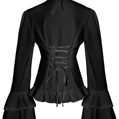 Load image into Gallery viewer, Solid Slimming Blouses For Women Mock Neck Flare Sleeves Patchwork Ruffle Temmperament Blouse Female Fashion

