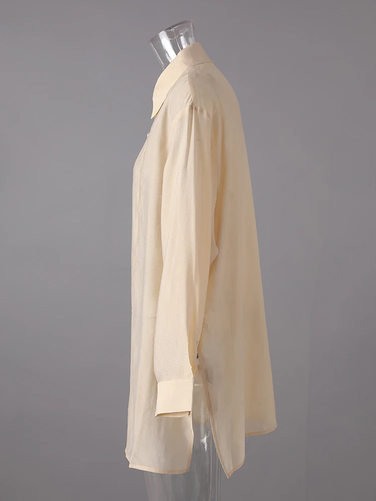 Women Apricot Thin Perspective Casual Big Size Blouse New Lapel Long Sleeve Shirt Fashion Tide Spring Autumn 2025 CPG3314