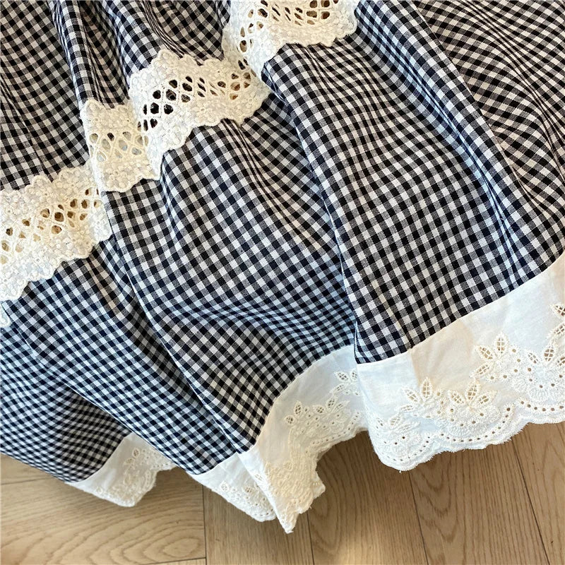 French Sweet Black Plaid Patchwork Lace Hollow Out High Waist Long Skirt 2025 Spring Summer New Women Holiday Pleated Skirt Slim