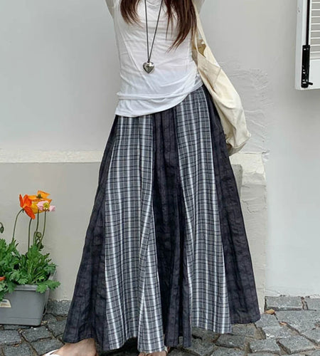 High Elastic Waist Gray Plaid Spliced Vintage A-line Half-body Skirt Women Fashion Tide New Spring Autumn 2025 1DJ1478