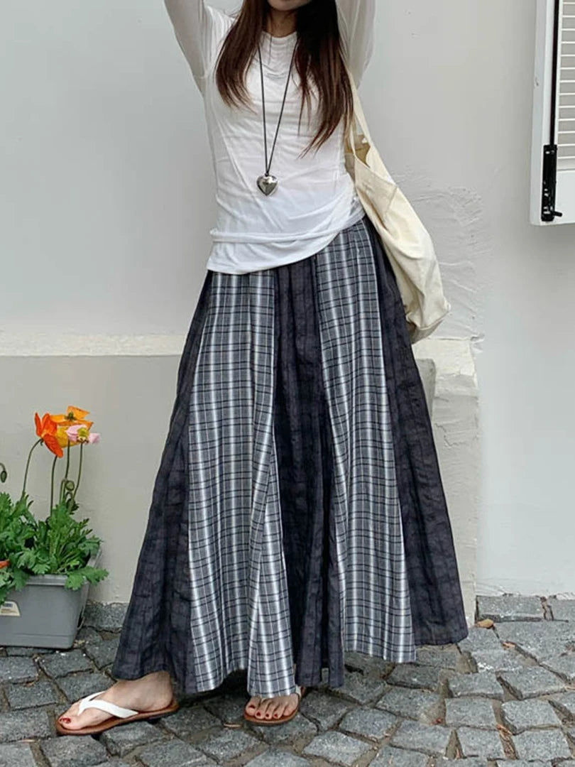 High Elastic Waist Gray Plaid Spliced Vintage A-line Half-body Skirt Women Fashion Tide New Spring Autumn 2025 1DJ1478