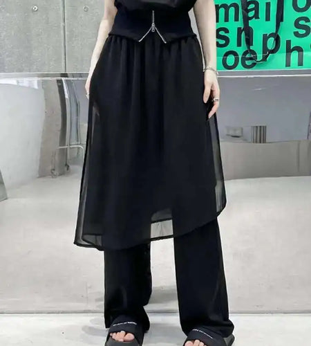 High Elastic Waist Black Mesh Irreuglar Wide Leg Pants New Loose Fit Trousers Women Fashion Spring Autumn 2025 1DH4385