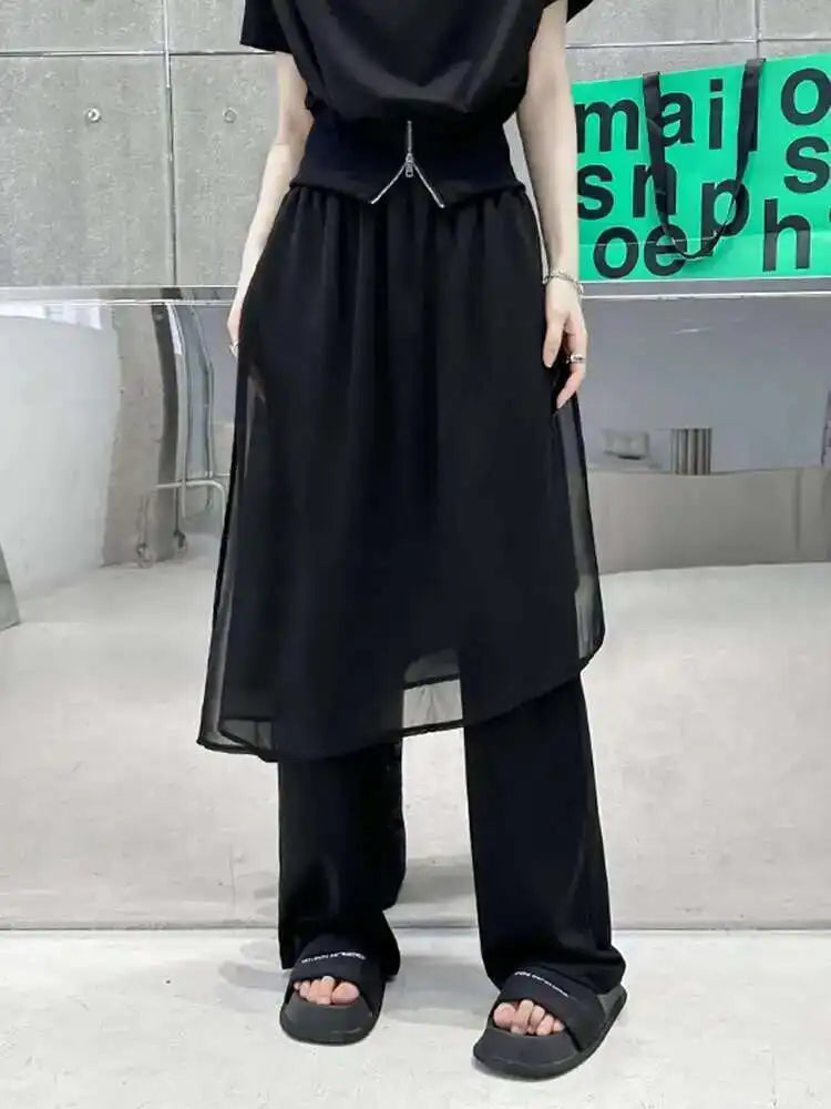 High Elastic Waist Black Mesh Irreuglar Wide Leg Pants New Loose Fit Trousers Women Fashion Spring Autumn 2025 1DH4385