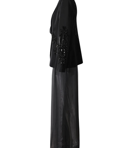 Big Size Sequins Blazer Mesh Long Pants Two Piece Suit New Lapel Long Sleeve Women Fashion Tide Spring Autumn 2025 35Z1664