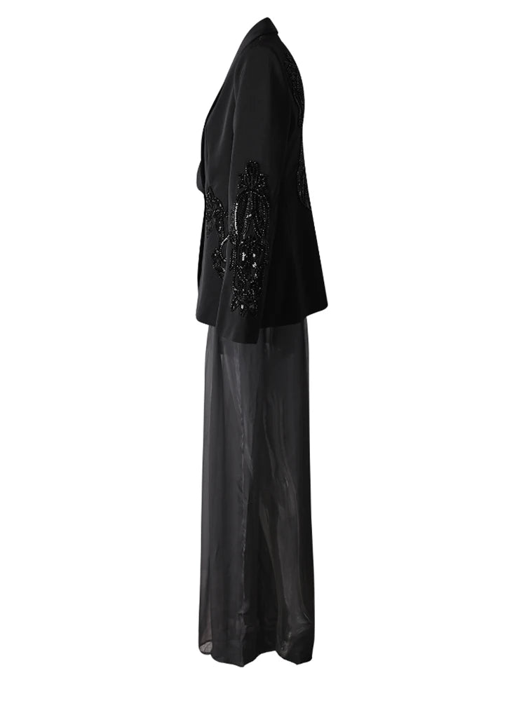 Big Size Sequins Blazer Mesh Long Pants Two Piece Suit New Lapel Long Sleeve Women Fashion Tide Spring Autumn 2025 35Z1664