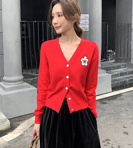 Fall Floral Embroidery Sweater Coat Slim V-neck Long Sleeve Knitted Cardigan Vintage Outerwear Chic Tops C-269