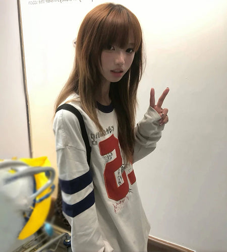 Japanese Y2k Number Print T-shirt 2000s Aesthetics Long Sleeve Jersey Tops Vintage Harajuku Streetwear American Retro