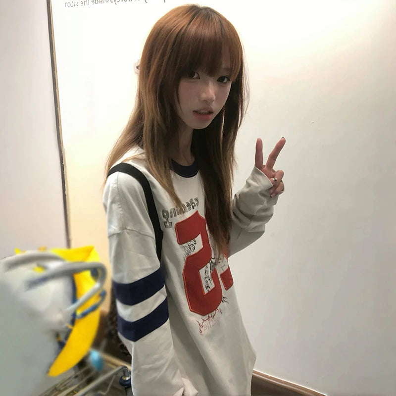 Japanese Y2k Number Print T-shirt 2000s Aesthetics Long Sleeve Jersey Tops Vintage Harajuku Streetwear American Retro