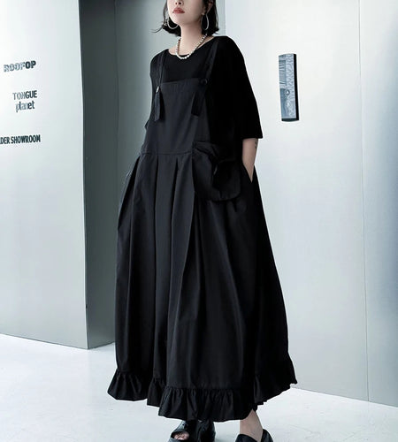 Women Black Ruffles Pocket Big Size Midi Strap Dress New Square Collar Sleeveless Fashion Tide Spring Autumn 2025 1DJ1158