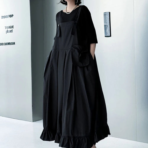 Load image into Gallery viewer, Women Black Ruffles Pocket Big Size Midi Strap Dress New Square Collar Sleeveless Fashion Tide Spring Autumn 2025 1DJ1158
