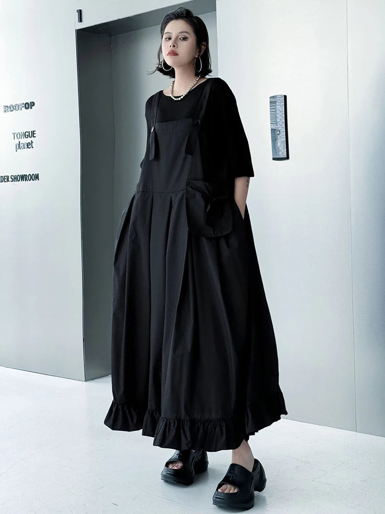 Women Black Ruffles Pocket Big Size Midi Strap Dress New Square Collar Sleeveless Fashion Tide Spring Autumn 2025 1DJ1158