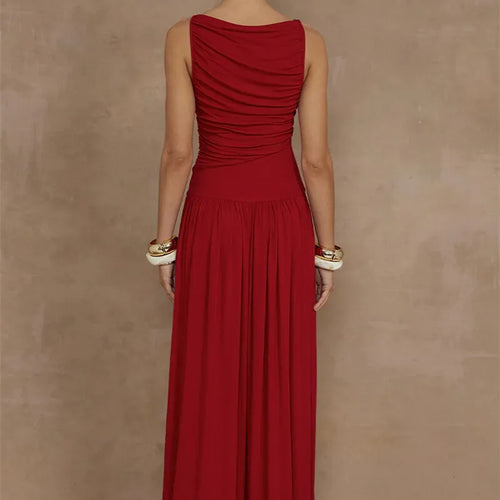 Load image into Gallery viewer, Elegant Sleeveless Maxi Dress For Women Fashion Solid Boat Neck Tank Dresses Ladies Sexy Ruched Long Dress New Gown
