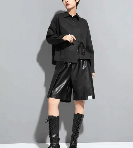 Women Black Bandage Big Size Long Blouse New Lapel Long Sleeve Loose Fit Shirt Fashion Tide Spring Autumn 2025  1DF1659