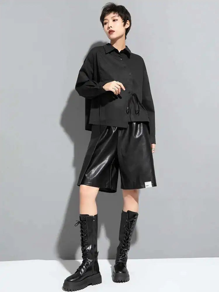 Women Black Bandage Big Size Long Blouse New Lapel Long Sleeve Loose Fit Shirt Fashion Tide Spring Autumn 2025  1DF1659