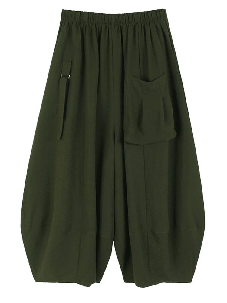 High Elastic Waist Green Buckle Casual Pocket Long Wide Leg Pants New Trousers Women Fashion Spring Autumn 2025 1DH5454