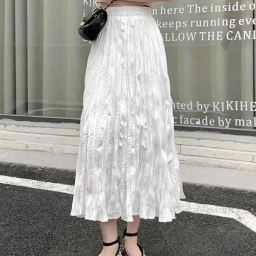 Load image into Gallery viewer, Vintage Black Elegant Elastic High Waist Long Skirts Women Streetwear Summer Fashion Korean Style Vacation White Pleated Skirt
