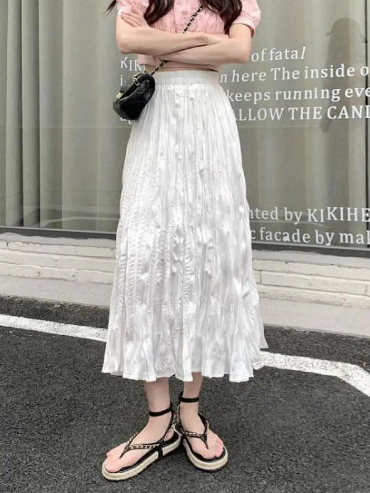 Vintage Black Elegant Elastic High Waist Long Skirts Women Streetwear Summer Fashion Korean Style Vacation White Pleated Skirt